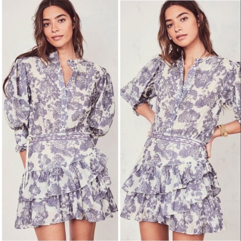 LoveShackFancy White and Blue Floral Lorelei Tiered Mini Dress in Sea New Size 4